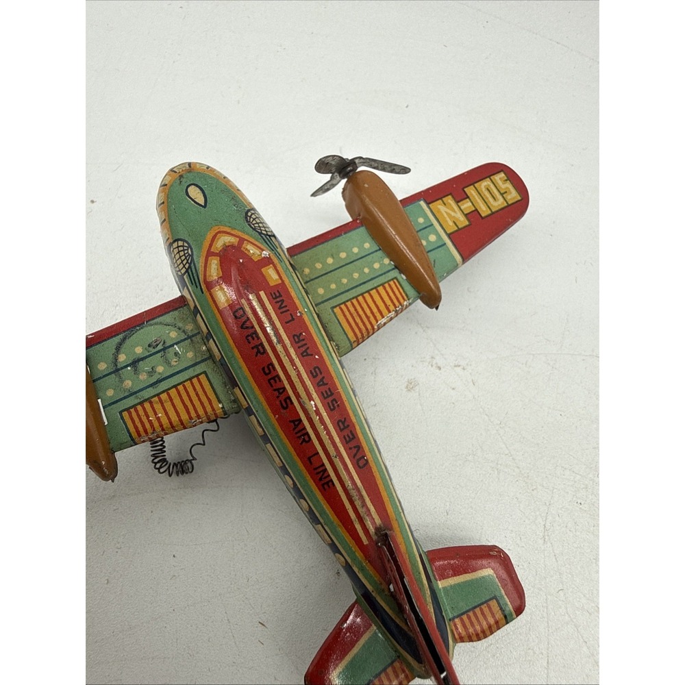Vintage Japan Tin Litho Toy Airplane Wind Up Mechanism Missing 1 Propeller - Picture 4 of 10